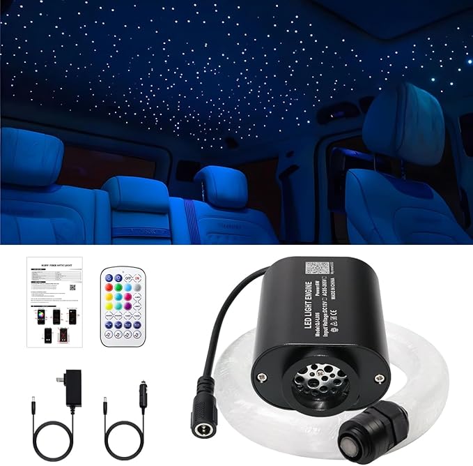 AMKI Mini 6W Starlight Headliner Kit 500pcs 0.03in 9.8ft,Twinkle+Sound Activated Fiber Optic Light 4Lamp Beam Starlight Box APP/Remote Control for Car Home Star Ceiling Decoration