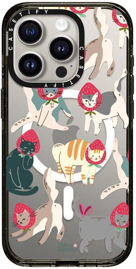 CASETiFY Impact Case for iPhone 15 Pro [8.2ft 4X Military Grade Drop Protection/Compatible with Magsafe] - Strawberry Cats - Clear Black