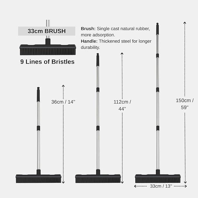 Pet Hair Remover Carpet Rake Reusable Rubber Broom with Squeegee for Sweeping Pet Hair Removal Tool 59" Long Handle Cat and Dog Hair Remover for Rugs, Carpet, Hardwood Floor, Tile