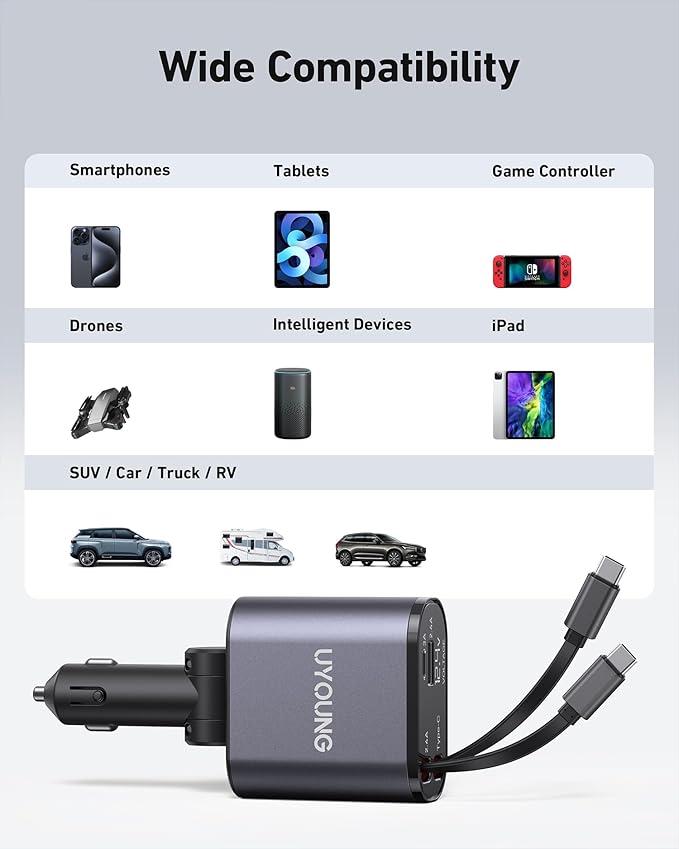 Car Phone Charger Retractable Car Charger 4 in 1 Fast Charger 30W Double USB Type C Retractable Cables 31.5 Inch and 2 USB Ports Car Charger Adapter for iPhone 17/16/15/14/13/12,Samsung,Pixel,iPad
