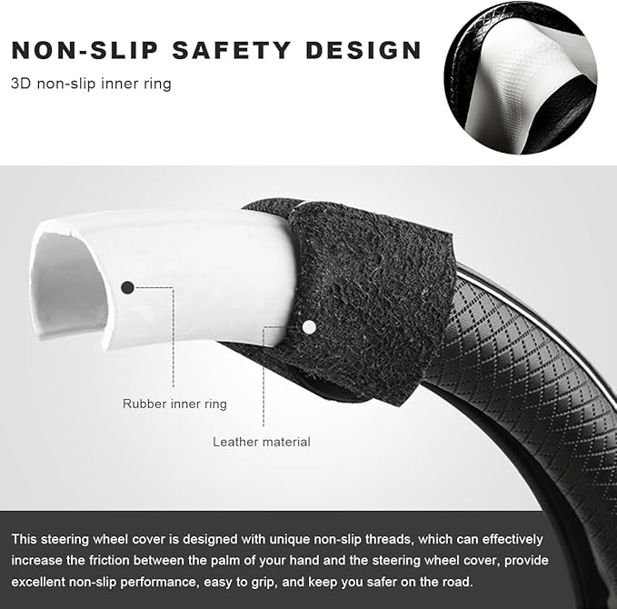 Car Steering Wheel Cover, 15 Inch Anti-Slip Breathable Leather Auto Steering Wheel Protector, Full Surround Soft Steering Wheel Cover for Men Women, Car Interior Accessories (Black & White)