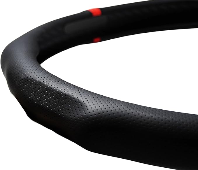 Quick Install Sporty Perforated Nappa Leather Steering Wheel Cover with Red Circular Stripe Trim Universal fit Any 14½ to 15 inches Car Pickup SUV 14.5 to 15 inches SW