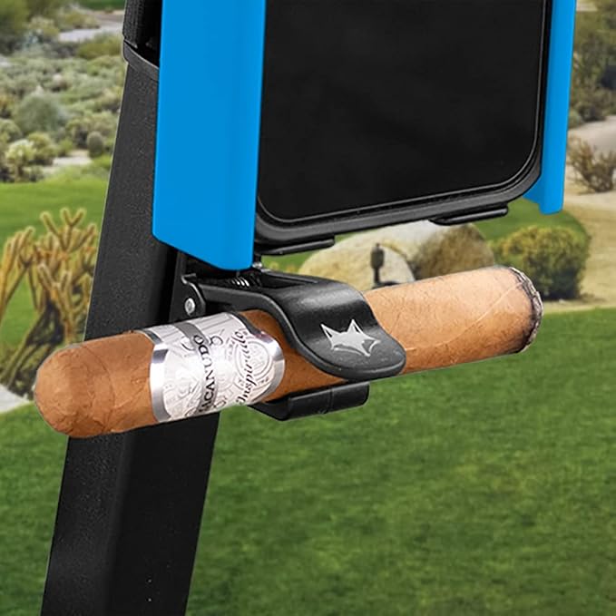 Desert Fox Golf Phone Caddy + Cigar Holder – Adjustable Golf Cart Phone Mount with Secure Cigar Clip – Hands-Free GPS & Golf App Access – Fits All Phones & Cigars (Blue)
