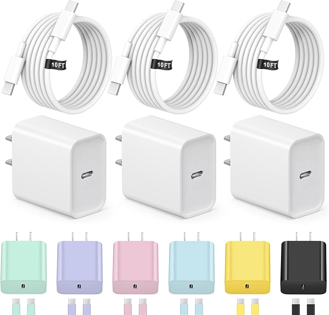 iPhone 17 16 15 Charger Fast Charging 3+3Pack Type C Charger USB C Chargers Block with 10FT Cable for iPhone Air/17/17 Plus/17 Pro/17 Pro Max/16/16 Plus/16 Pro/16 Pro Max/15/15 Pro Max/iPad Pro(White)
