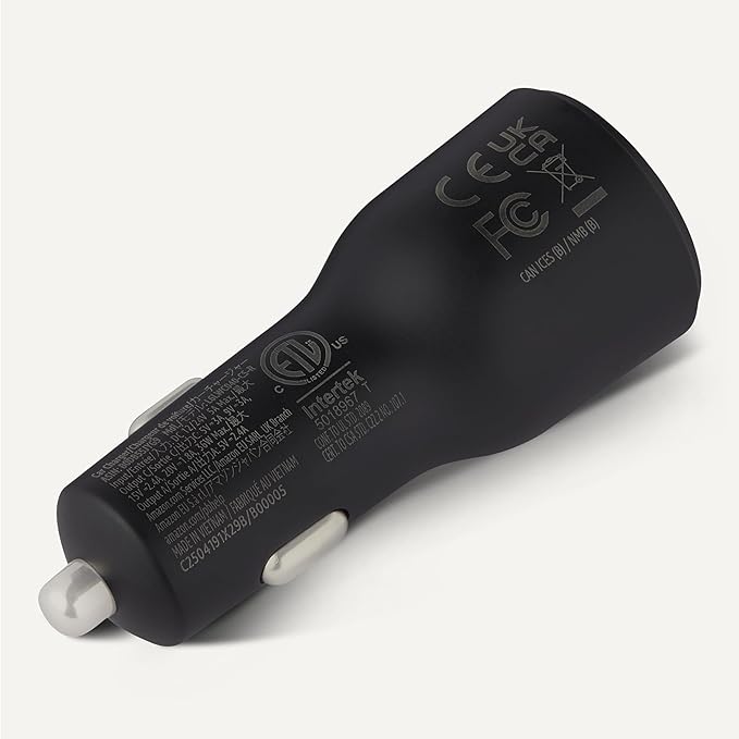 Amazon Basics Fast-Charging Car Charger, Dual-Port, 1 USB-C + 1 USB-A, 48W, Black