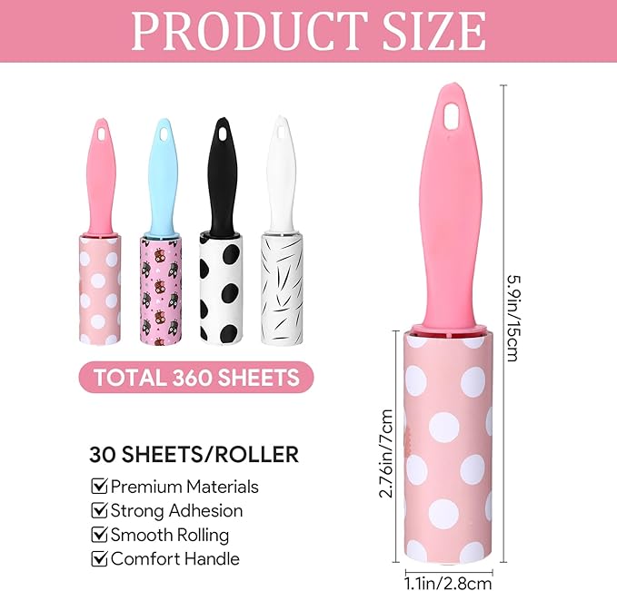 12 Pcs Mini Lint Roller Travel Size Portable Travel Lint Roller for Purse Pet Hair Clothes Furniture Car Compact Lint Bursh Sticky Small Cat Hair Removal Tool Gifts 360 Sheet