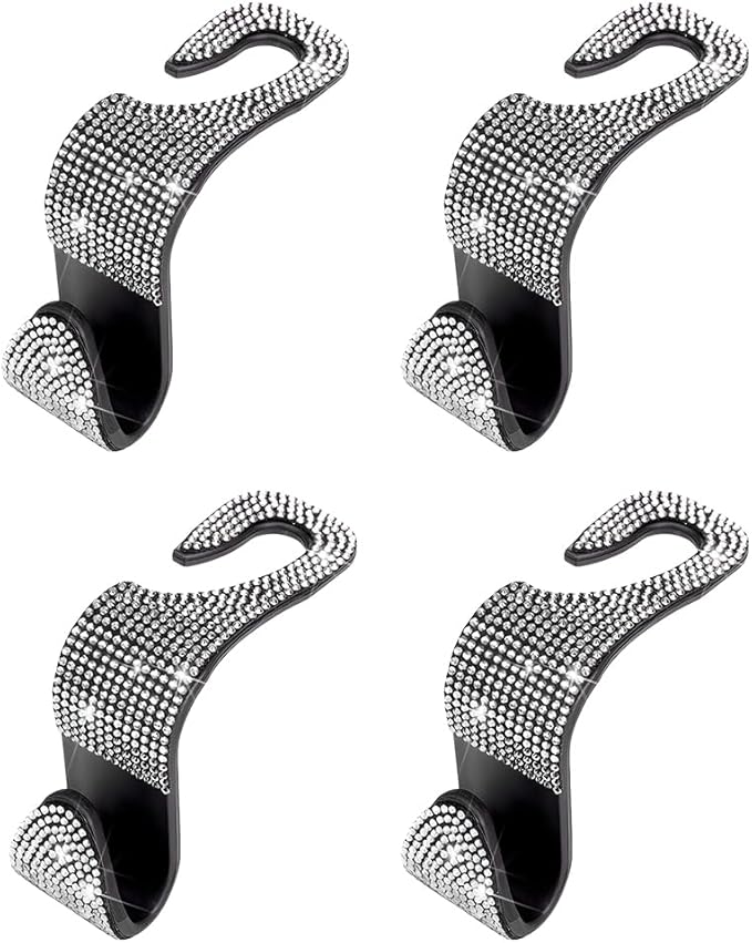 4PCS Bling Car Seat Headrest Hooks, Crystal Rhinestone Vehicle Back Seat Hanger Holder, Auto Interior Headrest Hanging Storage Organizer for Purse Handbag Coat, Universal Fit (White)