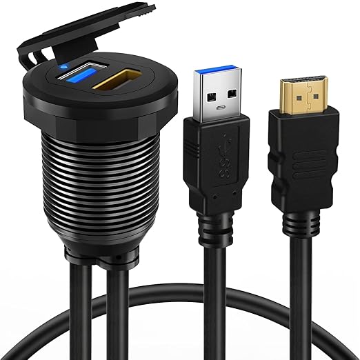 BATIGE USB 3.0 & HDMI to HDMI + USB 3.0 Car Mount Flush Cable, Alloy Shell Dash Panel Extension Cable with LED Indicator for Car Boat Motorcycle 1ft