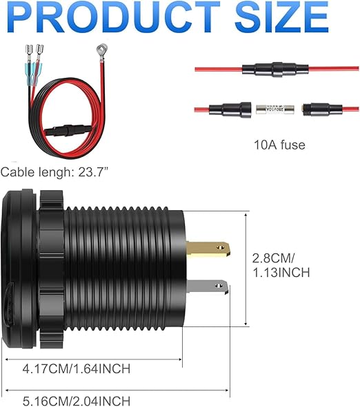 Aluminum Alloy USB C Car Charger Socket,12V USB C Outlet, PD 36W and Quick Charge 3.0 18W Dual Port Waterproof Power Adapter with Voltmeter and Switch for Marine Truck Motorcycle Boat Golf cart RV