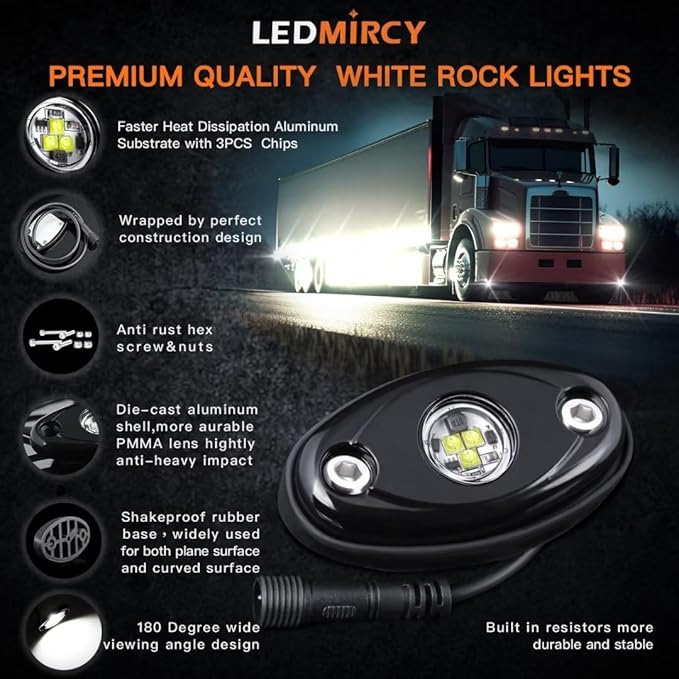 White Rock Lights,LEDMIRCY R1 Pure White LED Rock Lights Kit with Switch Wire Harness 20PCS for Trucks Off Road Boat Underglow Light Trail Rig Lights High Power Under Body Waterproof Shockproof Light