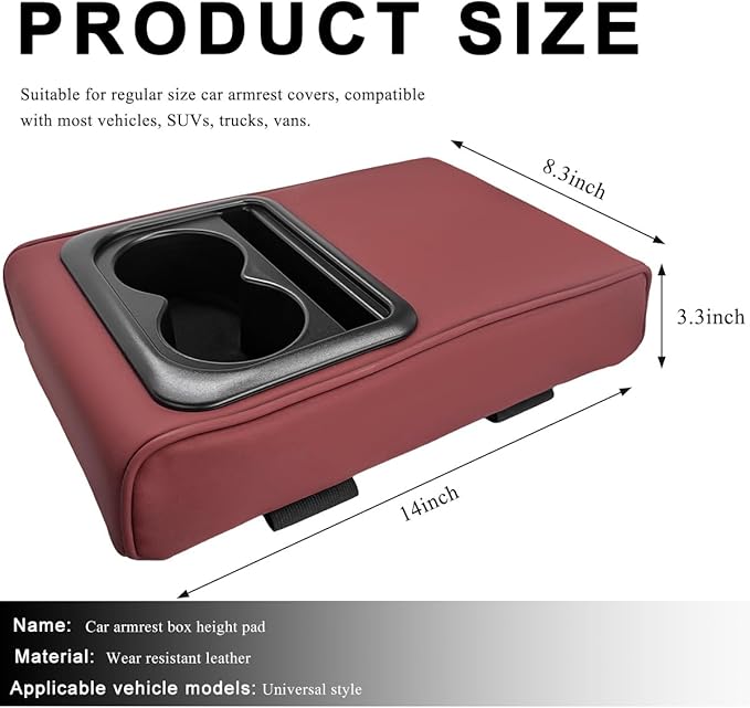 Car Center Console Armrest Pillow, 14"×8.3" Waterproof Leather Armrest Box Cover with Cup and Phone Holder, Soft Memory Foam Arm Rest Console Pad Protector for SUV Truck (Wine Red, Glossy)