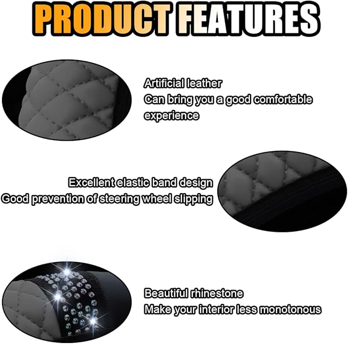 Bling Soft Leather Steering Wheel Cover, 15 Inch Colorful Rhinestones Auto Elastic Protector with Crystal Diamond for Women Girls, Car Accessories for Most Cars, SUVs (Grey)