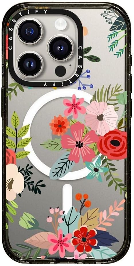 CASETiFY Impact iPhone 15 Pro Case [Slim/Compatible with Magsafe / 8.2 ft. 4X Military Grade Drop Protection] - Floral Collage - Clear Black