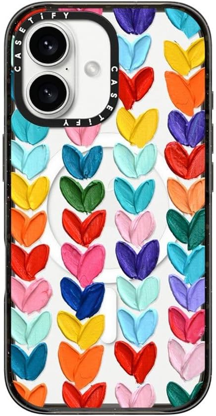 CASETiFY Impact Case for iPhone 16 [Slim / 8.2 ft. 4X Military Grade Drop Protection/Compatible with Magsafe] - Clear Polka Daub Hearts - Clear Black
