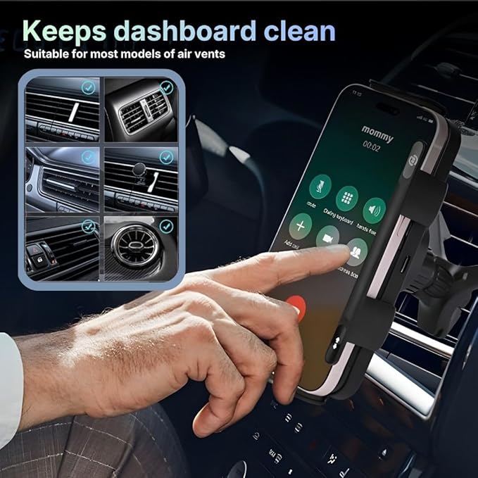 Wireless Car Charger Mount, Auto-Clamping Phone Holder with Fast Charging – Wireless Cell Phone Charging Car Mount for iPhone & Android (Air Vent Mount)