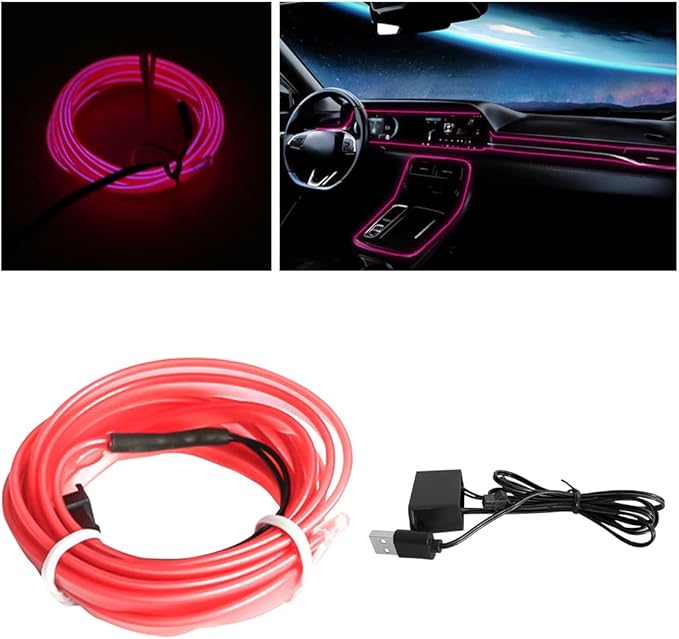 EL Wire LED Strip Lights, 10FT/3M USB Auto Neon Light Strip with Sewing Edge, Electroluminescent Car Ambient Lighting Kits with Fuse Protection, Car Decoration Accessories (Pink/10FT)