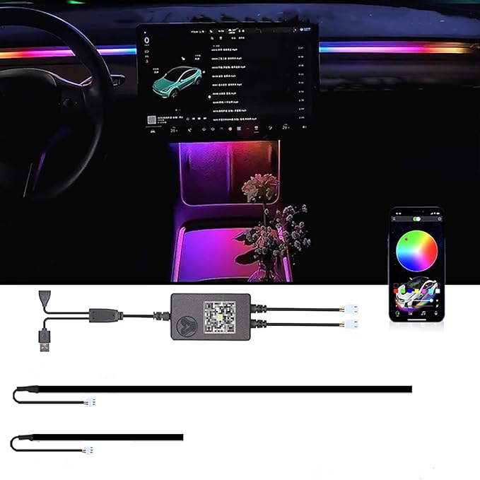 Interior Neon Lights for Tesla Model Y/3, Dreamcolor Acrylic Interior Car LED Strip Light for Tesla, Dynamic Chasing Music Sync Neon Ambient Lighting Kits for Tesla Model Y/3 (2 Strip Set A)