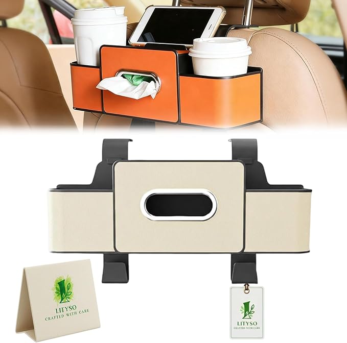 Car Backseat Organizer Multifunction Storage Box Vehicle Seat Accessories Cup Tissue Trash Hooks Phone Snack Drink Handbag Leather Interior Utility Portable Durable Easy Installation Secure(Beige)