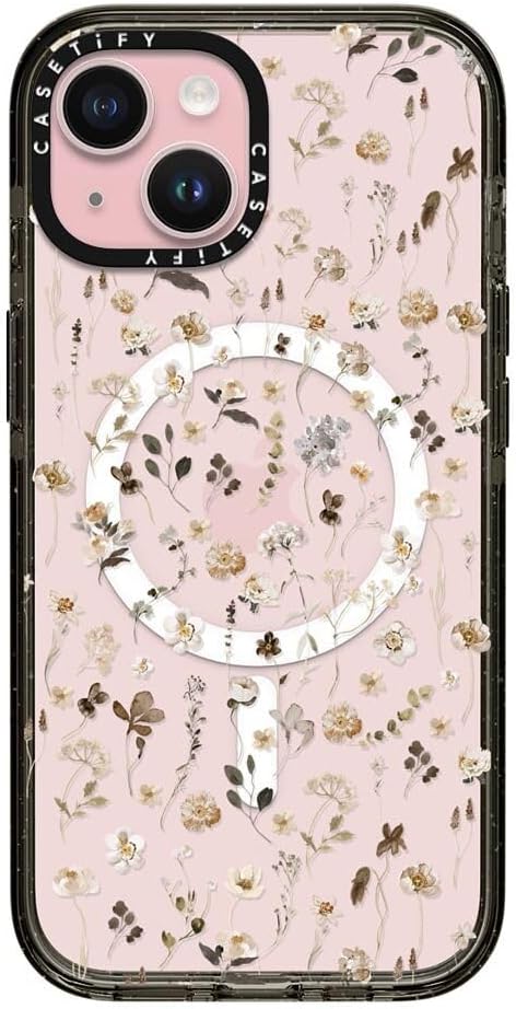 CASETiFY Impact Case for iPhone 15 [8.2ft 4X Military Grade Drop Protection/Compatible with Magsafe] - Wildflower Friday - Clear Black