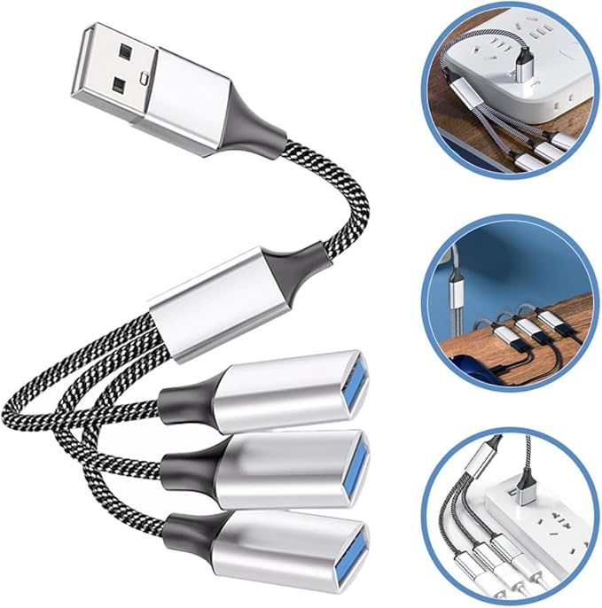 SHOWERORO Portable USB Splitter Cable Male to Female Multi-Function Hub for Laptop with Fast Data Transfer Compact Silver USB Power Expander