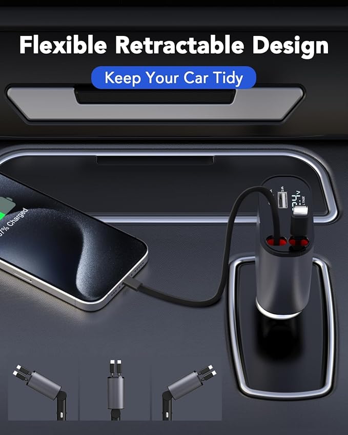 Retractable Car Charger, 4 in 1 Fast Charging 69W, Cigarette Lighter Adapter 2 Retractable iPhone Cables and USB Car Charger,Compatible with iPhone 14/13/12/11,Galaxy,Pixel