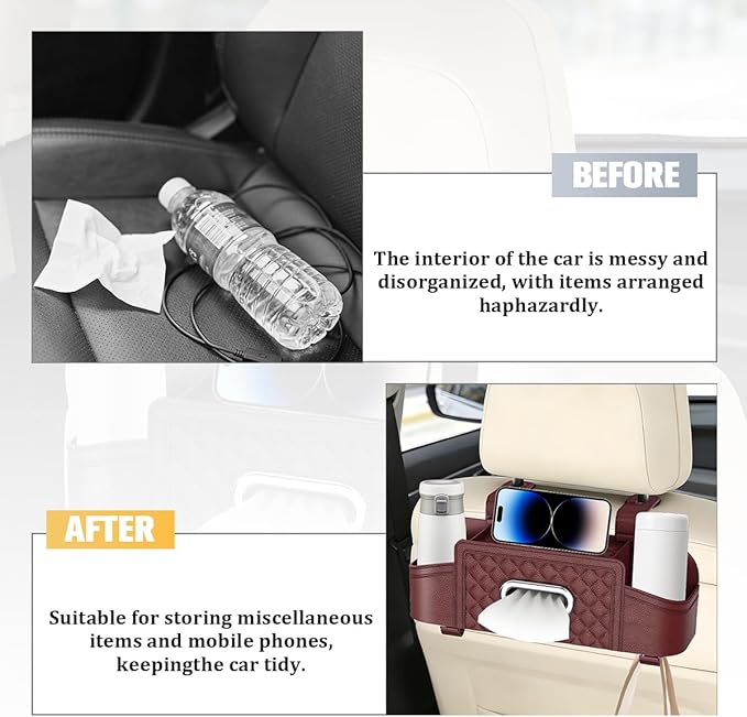 Car Backseat Organizer, 4-in-1 Multifunctional Vehicle Seat Back Tissue Box with Cup Holder & Hook, Auto Backseat Hanging Storage Box for Bag Phone Drink, Universal for Vehicles (Wine Red)