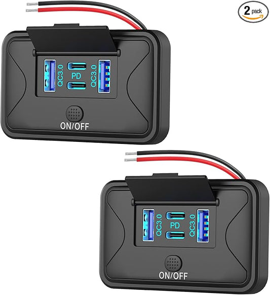 2 Pack 78W 4 Port 12V USB Outlet Wall Mount, Dual 36W PD & Dual 18W QC3.0 Lightweight Surface Mount Charger Socket Panel with Button Switch for Bus RV Truck Marine Golf Cart