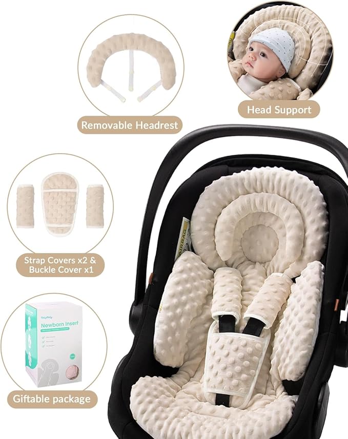 Infant Car Seat Insert with Extra Cushion for Preemie to Toddler, Reversible Newborn Carseat Insert for Baby Head Body Support, Fits for Stroller, Baby Swing, Bouncer - Dots, Beige