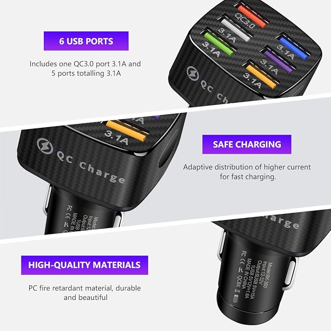 Augeny Car Charger Adapter, 6 USB Multi Port Fast Charger, Include QC 3.0 and 5 Other Ports, Auto Quick Charging Adapter for Most Cell Phones, Interior Car Accessories for SUV Truck (Black)
