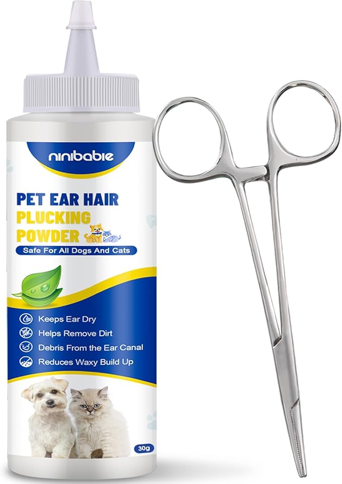 Upgraded Dog Ear Powder with 5.5 Inch Hair Removal Tool, Pet Ear Grooming Cleaner for Wax and Odor Control, Keeps Ears Dry & Soothes Itchiness
