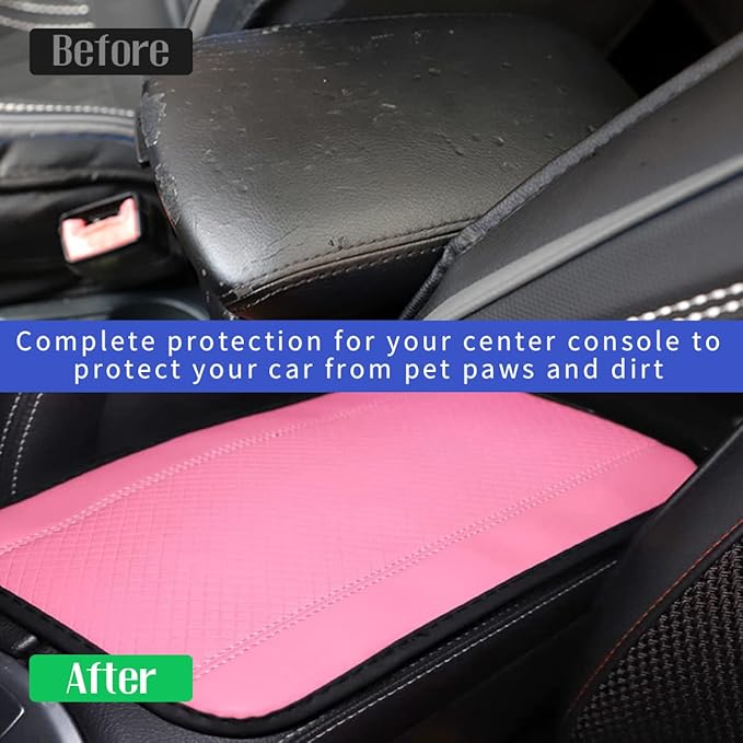Ziciner Leather Car Center Console Armrest Pad, PU Waterproof Auto Seat Box Cover Protector, Hand Rest Cushion Protection Pad, Vehicles Interior Accessories Universal for Car,SUV (Pink)