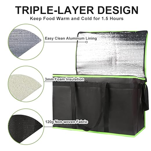 CIVJET 1-Pack Insulated Food Delivery Bag, XXX-Large Commercial Food Warmer for Delivery Drivers, Insulated Reusable Grocery Cooler/Hot Bags, Tote Bag for Shopping/Travel, Black with Green Edge