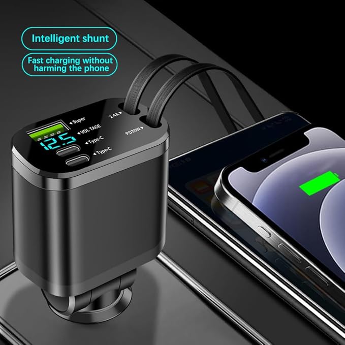 90W Multi-Port Car Charger with Voltage Detection, Super USB-A +2C Fast Charging with Cable L2.4A +PD30W Retractable Cable for iPhone15/16, Compatible with iPhone/Samsung/Android/iPad and More