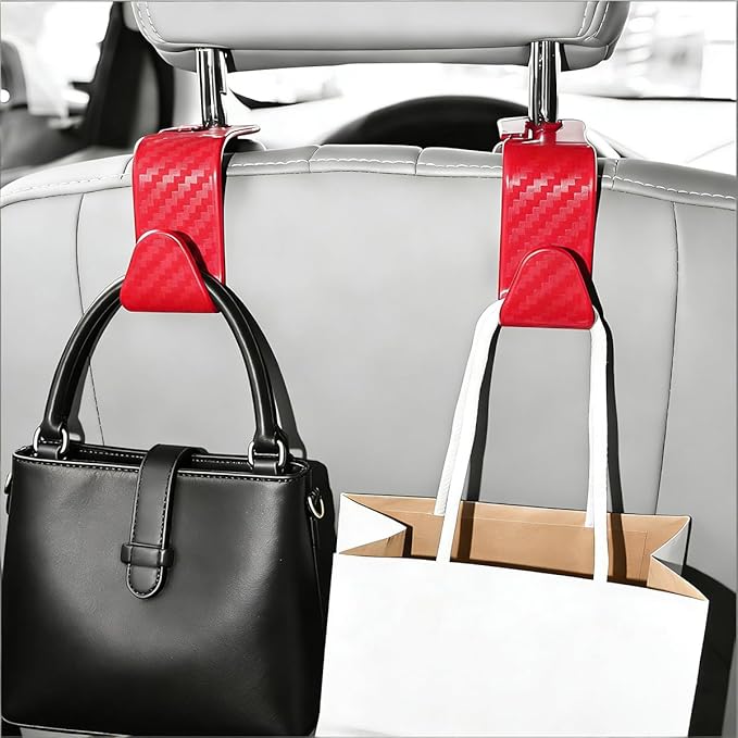 4PCS Car Seat Headrest Hook, Automotive Back Seat Storage Holder Hanger, Vehicle Interior Backseat Organizer Hanging Hook for Purse Handbag Grocery Bags, Universal Fit (Red)
