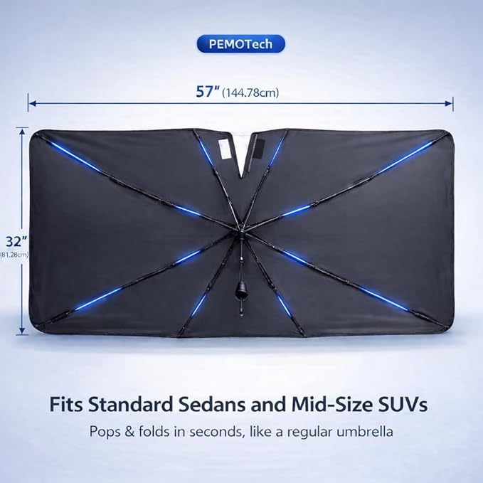 PEMOTech 2026 Upgraded Versatile Car Umbrella Windshield Sun Shade for Sedan/SUV | Keep Cool & Protect Interior | Reliable UV Blocker&Heat Shield | Car Window Shades | Large (57"x32")
