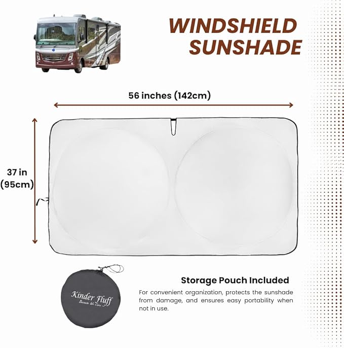 RV Windshield Sun Shade | fits Class-A | Certified 99.87% UVB & 99.02% UVA Protection Sun Shade. Award Winning Sunshade for Car Windshield with Patented Technology. Car Window Shades by Kinder Fluff