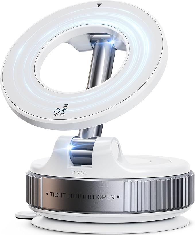 ILKCC Vacuum Suction Magnetic Phone Holder, 2025 Upgraded Vacuum Suction Cup Mount for Magsafe, 360° Adjustable Foldable Portable Magnetic Car Phone Stand for Cars/Gyms/Mirrors/Smooth Surface (White)
