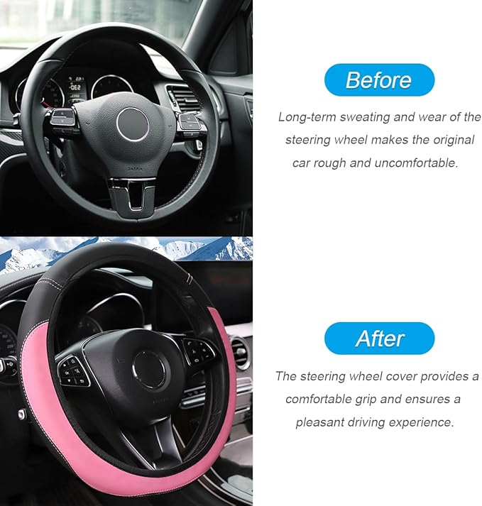 Car Steering Wheel Cover, Leather Elastic No Inner Ring Vehicle Steering Wheel Protector for 14.5-15Inch, Anti Slip Auto Interior Protection Accessories, Universal for SUV Sedan Truck (Pink)
