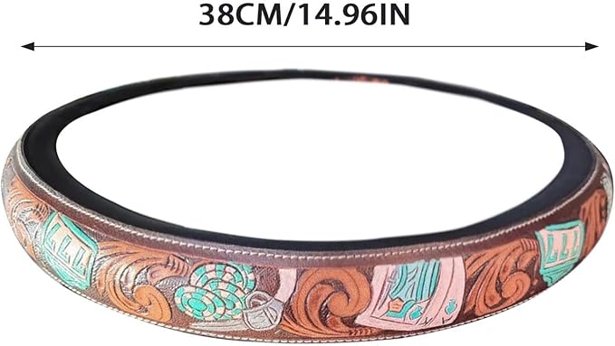 Steering Wheel Cover Western Car Tooled Leather Retro Cowboy Car & Truck Accessory, Universal 15 Inch Non Slip Wheel Cover for SUV, Pickup, Comfortable Grip, Easy to Install (Sky Blue)