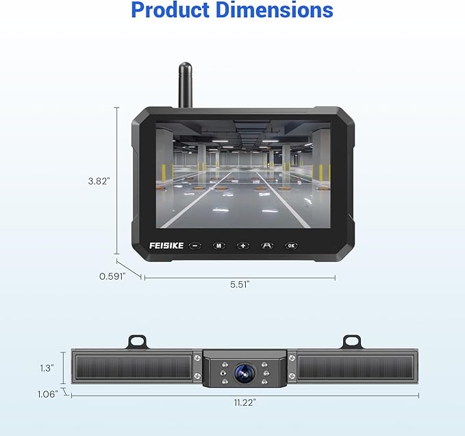 FEISIKE Solar Wireless Backup Camera with 5" 1080P Monitor, 10000mAh Rechargeable Battery, 2-Minute DIY Installation, IP69K Waterproof for Car, Truck, SUV, Van, Trailer
