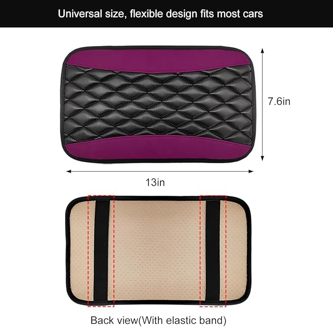 Car Center Console Cushion Pad, 12.6 × 7.48 Inches Waterproof Car Armrest Seat Box Cover, PU Leather Armrest Cover Protector for Most Vehicle, Universal Car Interior Accessories (Purple)