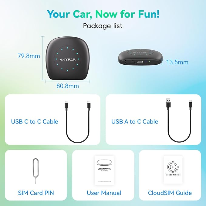 AI 8 Android 13 CarPlay AI Box, 8-Core Qualcomm 4G+64G Multimedia Adapter, Support CloudSim & 4G LTE & Hotspot, Wireless CarPlay Android Auto, Built-in GPS/Ambient Light for Netflix YouTube
