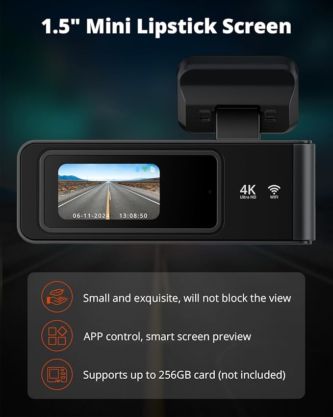 Kingslim E4 4K Dash Cam Front and Rear, WiFi Front 4K Rear 1080P Dual Dash Camera for Cars, Mini Dashcam with APP Control, Night Vision, Parking Mode