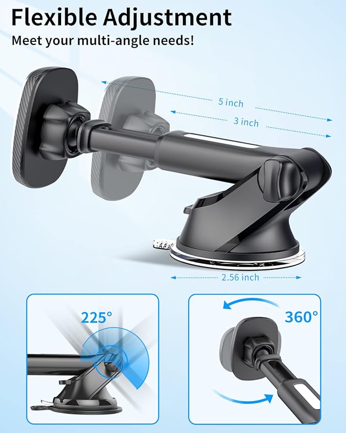APPS2Car Magnetic Phone Mount, Dashboard & Windshield Suction Cup Car Phone Holder Mount with 6 Strong Magnets, Adjustable Telescopic Arm, Compatible with iPhone & Android Smartphones