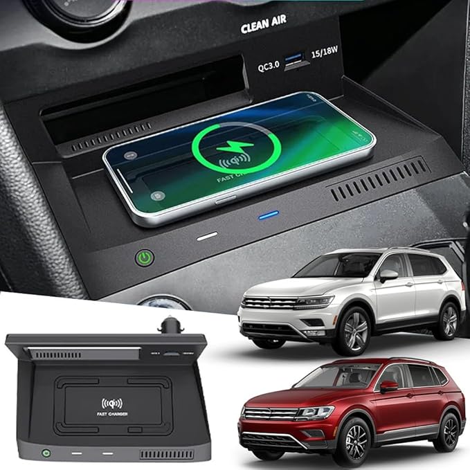 Wireless Car Charger for Volkswagen VW Tiguan MK2 2017 2018 2019 2020 2021, Wireless Fast Phone Charging Pad with 18W QC3.0 USB, Fit for Volkswagen Tiguan Interior Accessories Upgrades