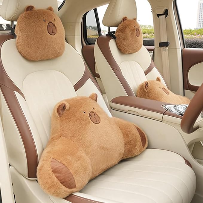 LYFJMUS 4 Pack Plush Capybara Car Headrest Pillow and Lumbar Support Pillow Kawaii Plushies Capybara Stuffed Headrest Cute Car Decor for Car Driving (Style B)