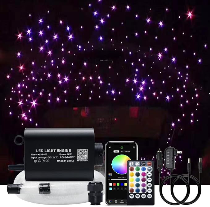 AKEPO 16W Starlights Headliner Kit Mixed Sizes 335pcs (0.03+0.04+0.06in) 13.1ft/4m, APP+Music Activated Effect Fiber Optic Star Lights Kit with Remote Controller for Car Home