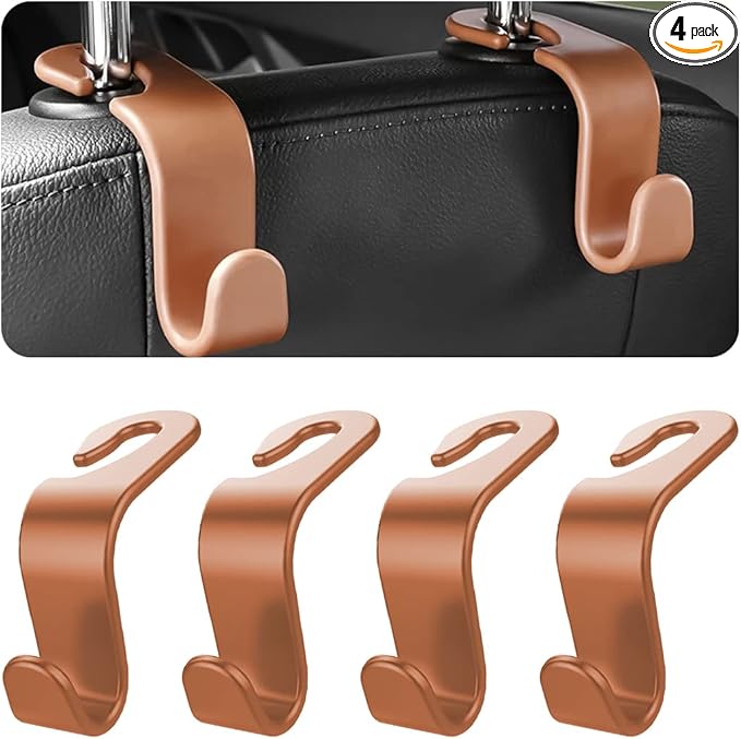 Car Back Seat Headrest Hooks, 4PCS Vehicle Backseat Storage Organizer Hanger, Multifunctional Auto Headrest Hidden Hook Universal for Handbag Purse Backpacks Bags and Groceries (Brown)