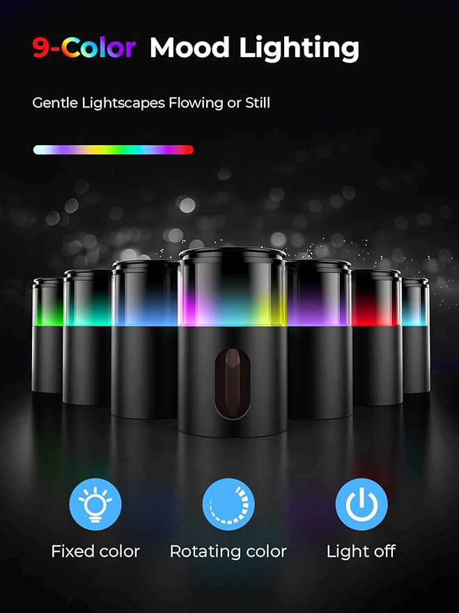 Waterless Essential Oil Diffuser: 9 Colors LED Scent Diffuser for Home&Car&Office - Portable Diffuser with 48H Battery, 4 Timers & 3 Mist Levels, Charcoal Black