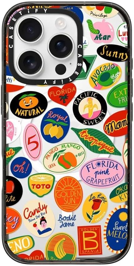 CASETiFY Impact Case for iPhone 16 Pro [Slim / 8.2 ft. 4X Military Grade Drop Protection/Compatible with Magsafe] - Fruit Stickers - Clear Black